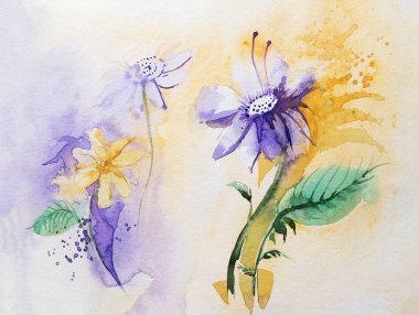 Davetiye kartı, kartpostal, poster, kapak, dekorasyon gibi çeşitli kullanımlar için soyut çiçek suluboya resmi. Suluboya elle çizilmiş resim. Kağıt üstüne fırça üstüne çiçek resmi. Beyaz arkaplan.