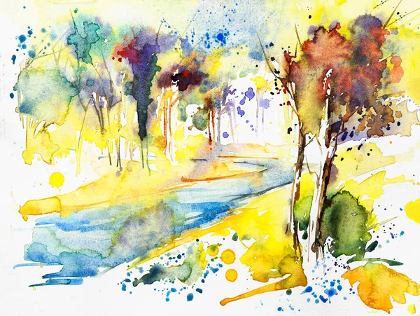 Abstract watercolor painting of spring, Krishnachura tree red flowers and Radhachura with bright yellow flowers on full bloom beside a blue river in the morning. Hand painted watercolor illustration.