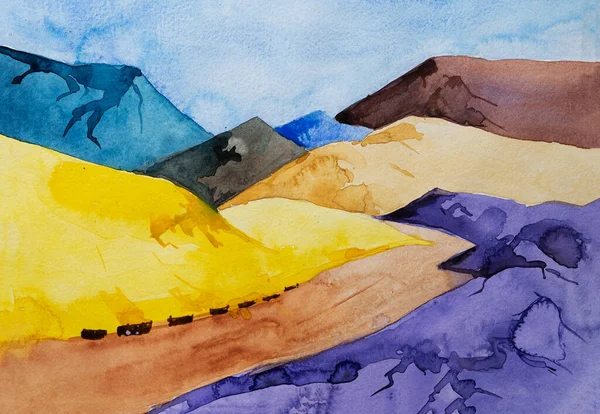 Montañas Colores Brillantes Con Camino Que Pasa Través Ellos Acuarela —  Fotos de Stock