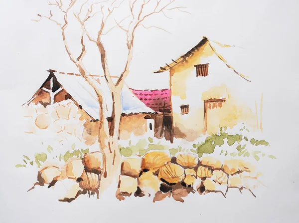 Beautiful Watercolor Painting Rural Houses Indian Village Dead Tree Lots — Stock Photo, Image