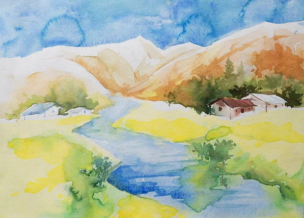 Nice watercolor painting of home on the top of a yellow field in the yellow landscape. Blue river flowing with mountains in the background. Hand painted watercolor illustration.