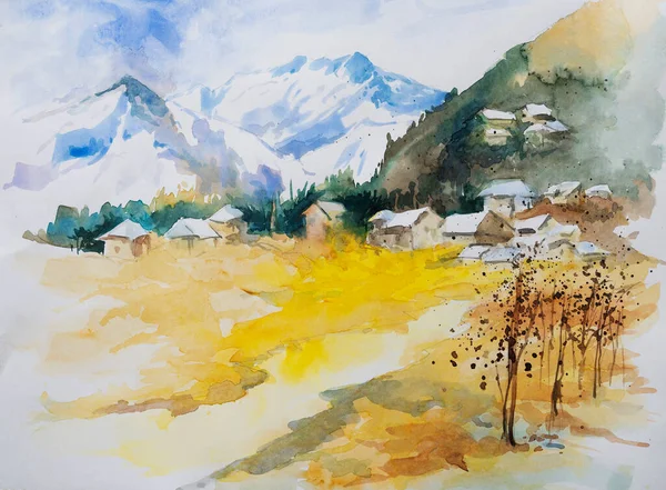 Nice watercolor painting of houses with mountains in the background., yellow field in the beautiful landscape. Hand painted watercolor illustration.