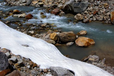 Yumesamdong 'daki Lachung Nehri' nin donmuş buzu, Sıfır Noktası, Sikkim, Hindistan. 15.300 feet irtifa, medeniyetin son ileri karakolu ve önümüzde yol yok. Hindistan Çin Himalaya dağlarının sınırında.