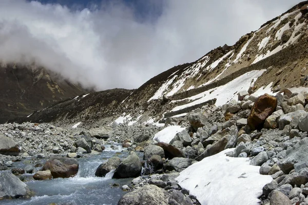 stock image Ice cold Lachung river flowing out of glacier at Yumesamdong, Zero point, Sikkim, India. Altitude of 15,300 feet, last outpost of civilization and there is no road ahead. India China border,Himalayas.