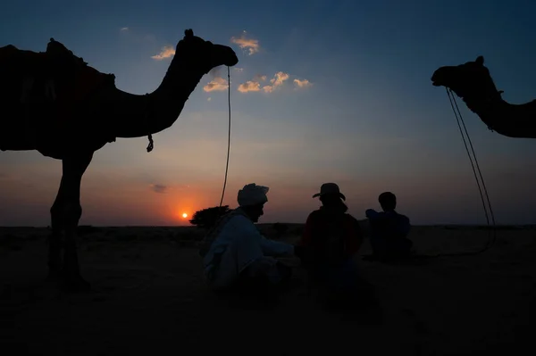 Thar Desert Rajasthan India 2019 Σιλουέτα Δύο Καμηλαίων Γυναίκα Τουρίστρια — Φωτογραφία Αρχείου