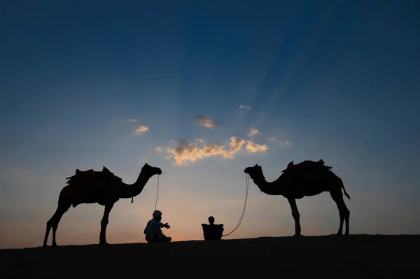 Thar Desert Rajasthan India 2019 Silhueta Dois Cameleers Seus Camelos — Fotografia de Stock