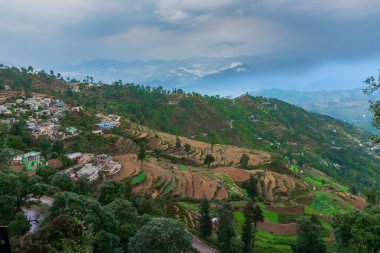 Üvey tarım, ya da teras tarımı. Dik tepeler ya da dağ kenarları ekin ekmek için düzlem alanları oluşturmak için kesilir. Sisli, sisli Himalaya dağları arka planı, Garhwal, Uttarakhand, Hindistan.