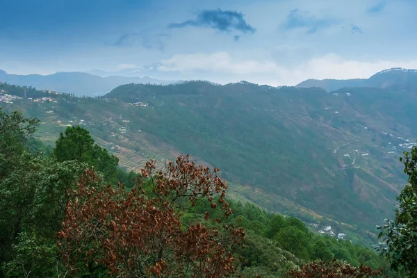 梯级农业 或梯级农业 陡峭的山丘或山坡被切割成平坦的区域种植庄稼 Foggy Misty Himalayan Mountains Background Garhwal Uttarakhand — 图库照片