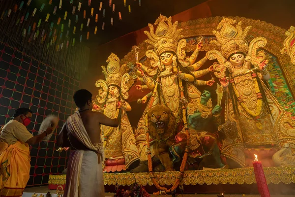 Howrah West Bengal Indie Října 2022 Hinduističtí Kněží Uctívají Bohyni — Stock fotografie