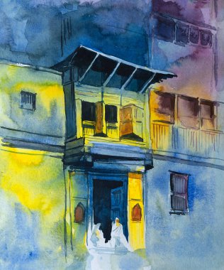 Rajasthan 'ın klasik, klasik bir mimarisi olan eski bir haveli resminin öğleden sonra iki kadının açık kapıda oturup sohbet etmesiyle sulandırılmış hali. Elle boyanmış ev çizimi.