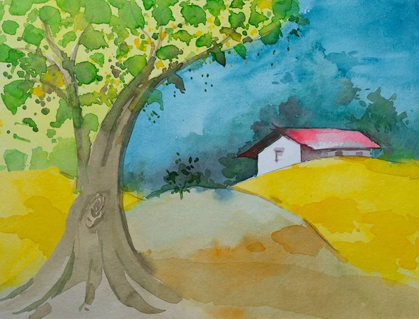 Watercolor painting of Indian village, a house with green forest background and big tree in foreground. Indian watercolor painting made with paints and brush. Indian watercolor of rural landscape.