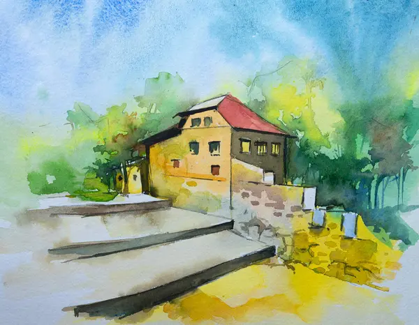 印度村庄五彩斑斓的水彩画 一栋房子和楼梯 有森林和蓝天背景 手绘水彩画和画笔 印度农村自然景观水彩画 — 图库照片