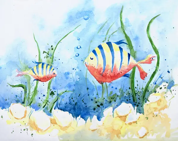 Watercolor of underwater sea floor with colorful fishes swimming in blue water. Indian hand painted watercolor art created with watercolor paint and brushes. Usage like invitation cards, post card.