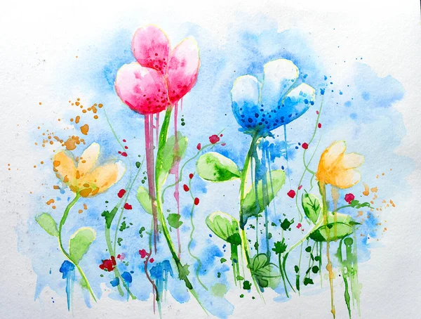 Schöne Abstrakte Helle Aquarell Florale Malerei Mit Blauem Hintergrund Und Stockfoto