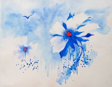 Beyaz arkaplanı ve telif alanı olan güzel, soyut, parlak suluboya bir çiçek resmi. Kızılderili el boyası suluboya boya ve fırçalarla yaratılmış suluboya sanat. Davetiye kartı gibi kullanım.