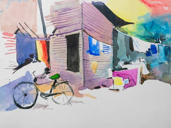 Watercolor painting of Indian slum. Hand painted illustration of urban landscape. Indian watercolor painting made with paints and brush. Indian watercolor of urban cityscape.