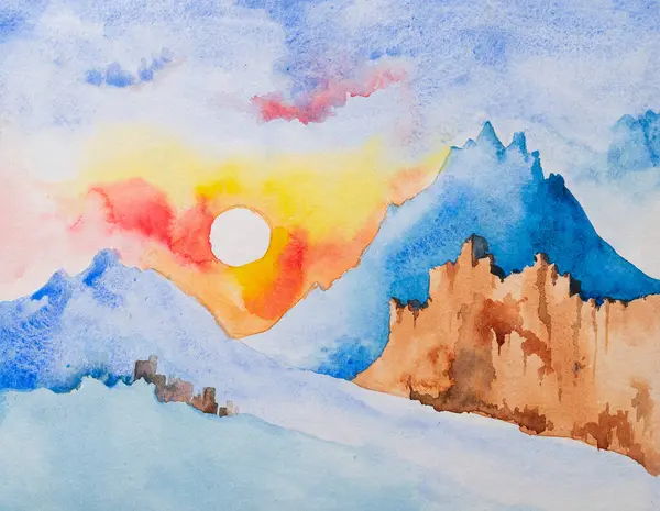Beautiful watercolor painting of sunrise on the top snow covered mountain peaks and ice covered ridges. Indian watercolor painting made with paints and brush. Indian watercolor of mountain landscape.