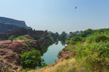 Rao Jodha Çöl Parkı, Jodhpur, Rajasthan, Hindistan üzerinde uçan halat turisti. Tarihi Mehrangarh Kalesi yakınlarında, ekolojik açıdan restore edilmiş çöl ve bir turistik bölge olan kara bitkileri parkı bulunuyor..
