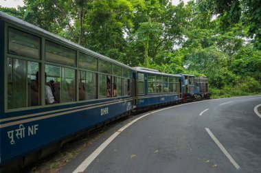 Darjeeling, Batı Bengal, Hindistan - 10 Ağustos 2023: Himalaya yol ve ormanlarından geçen Diesel Oyuncak treni. Darjeeling Himalaya Demiryolu, Yeni Jalpaiguri ve Darjeeling arasındaki dar ölçü demiryolu.