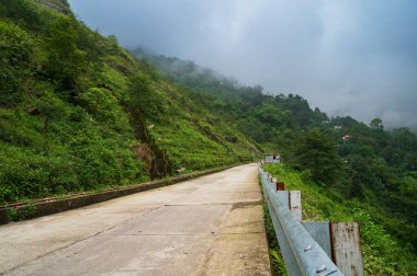 Himalaya dağlarından geçen beton yol ve yemyeşil orman. Darjeeling, Batı Bengal, Hindistan 'da musonun doğal güzelliği..