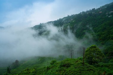 Hindistan, Batı Bengal, Darjeeling 'deki Himalaya dağlarının üzerinden geçen muson bulutları. Darjeeling, tepelerin kraliçesi ve yağmurlu mevsimde güzel yeşil tepeleri olan çok manzaralı bir yerdir..