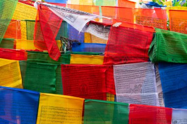 Darjeeling, Batı Bengal, Hindistan-11.08.2023: Ormandaki merdivenlerde bayraklar, Mahakal Tapınağı veya Mahakal Mandir yolu, Hindu dinlerinin bir karışımı olan Shiva 'ya adanmış Hindu tapınağı..