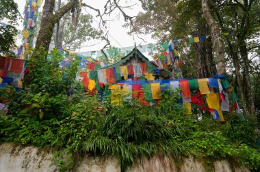 Darjeeling, Batı Bengal, Hindistan-11.08.2023: Ormandaki merdivenlerde bayraklar, Mahakal Tapınağı veya Mahakal Mandir yolu, Hindu dinlerinin bir karışımı olan Shiva 'ya adanmış Hindu tapınağı..