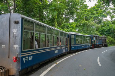 Darjeeling, Batı Bengal, Hindistan - 10 Ağustos 2023: Himalaya yol ve ormanlarından geçen Diesel Oyuncak treni. Darjeeling Himalaya Demiryolu, Yeni Jalpaiguri ve Darjeeling arasındaki dar ölçü demiryolu.