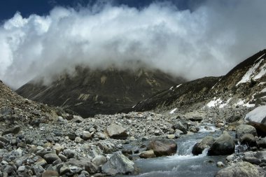 Buzuldan akan buz gibi Lachung nehri Yumesamdong, Sıfır Noktası, Sikkim, Hindistan. 15.300 feet irtifa, medeniyetin son ileri karakolu ve önümüzde yol yok. Hindistan Çin sınırı, Himalayalar.