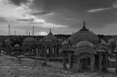 Beautiful sunset at Bada Bagh or Barabagh, means Big Garden,is a garden complex in Jaisalmer, Rajasthan, India, Royal cenotaphs for memories of Kings of Jaisalmer state. Tourist attraction. Black and white clipart