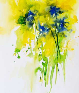 Beyaz arkaplanı ve telif alanı olan güzel, soyut, parlak suluboya bir çiçek resmi. Kızılderili el boyası suluboya boya ve fırçalarla yaratılmış suluboya sanat. Davetiye kartı gibi kullanım.