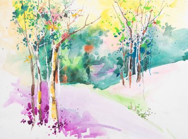 Güzel, soyut bir ormanın suluboya resmi. Kızılderili el boyası suluboya boya ve fırçalarla yaratılmış suluboya sanat. Davetiye kartı gibi kullanım.