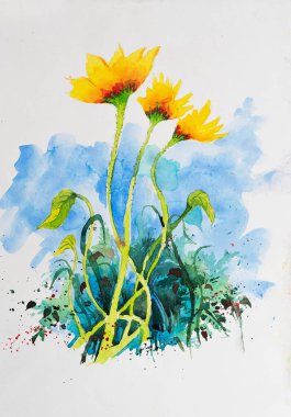 Beyaz arkaplanı ve telif alanı olan güzel, soyut, parlak suluboya bir çiçek resmi. Kızılderili el boyası suluboya boya ve fırçalarla yaratılmış suluboya sanat. Davetiye kartı gibi kullanım.