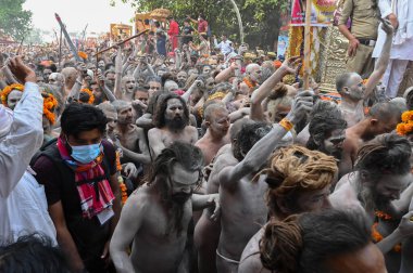 Haridwar, Uttarakhand, Hindistan - 13 Nisan 2021: Hindu çıplak sadhus, naga babas, naga sanyasis Ganj nehrinde shahi snaan yemek ve Har Har Mahadev diye bağırmak için koşuyor. Kumbhmela olayı.