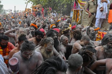 Haridwar, Uttarakhand, Hindistan - 13 Nisan 2021: Hindu çıplak sadhus, naga babas, naga sanyasis Ganj nehrinde shahi snaan yemek ve Har Har Mahadev diye bağırmak için koşuyor. Kumbhmela olayı.