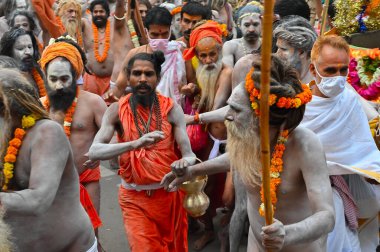 Haridwar, Uttarakhand, Hindistan - 13 Nisan 2021: Hindu çıplak sadhus, naga babas, naga sanyasis Ganj nehrinde shahi snaan yemek ve Har Har Mahadev diye bağırmak için koşuyor. Kumbhmela olayı.