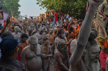 Haridwar, Uttarakhand, Hindistan - 13 Nisan 2021: Purno Kumbhmela etkinliği. Hindu çıplak sadhus, naga babas, naga sanyasis Ganj nehrinde shahi snaan yemek ve Har Har Mahadev diye bağırmak için koşuyor..