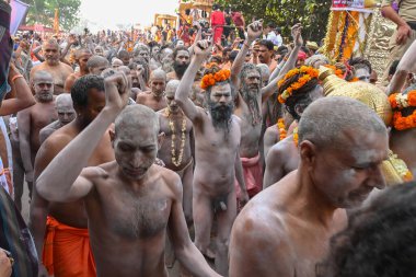 Haridwar, Uttarakhand, Hindistan - 13 Nisan 2021: Purno Kumbhmela etkinliği. Hindu çıplak sadhus, naga babas, naga sanyasis Ganj nehrinde shahi snaan yemek ve Har Har Mahadev diye bağırmak için koşuyor..