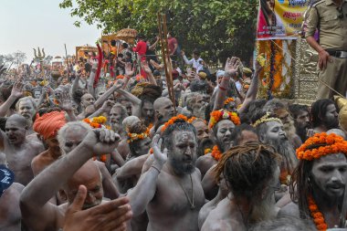 Haridwar, Uttarakhand, Hindistan - 13 Nisan 2021: Purno Kumbhmela etkinliği. Hindu çıplak sadhus, naga babas, naga sanyasis Ganj nehri üzerinde shahi snaan yemek ve Har Har Mahadev diye bağırmak için koşuyor..