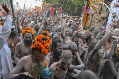 Haridwar, Uttarakhand, Hindistan - 13 Nisan 2021: Purno Kumbhmela etkinliği. Hindu çıplak sadhus, naga babas, naga sanyasis Ganj nehrinde shahi snaan yemek ve Har Har Mahadev diye bağırmak için koşuyor..