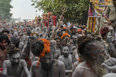 Haridwar, Uttarakhand, Hindistan - 13 Nisan 2021: Purno Kumbhmela etkinliği. Hindu çıplak sadhus, naga babas, naga sanyasis Ganj nehri üzerinde shahi snaan yemek ve Har Har Mahadev diye bağırmak için koşuyor..