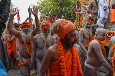 Haridwar, Uttarakhand, Hindistan - 13 Nisan 2021: Hindu çıplak sadhus, naga babas, naga sanyasis Ganj nehrinde shahi snaan yemek ve Har Har Mahadev diye bağırmak için koşuyor. Kumbhmela olayı.