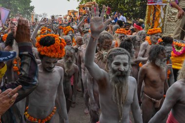 Haridwar, Uttarakhand, Hindistan - 13 Nisan 2021: Purno Kumbhmela etkinliği. Hindu çıplak sadhus, naga babas, naga sanyasis Ganj nehrinde shahi snaan yemek ve Har Har Mahadev diye bağırmak için koşuyor..