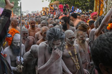 Haridwar, Uttarakhand, Hindistan - 13 Nisan 2021: Purno Kumbhmela etkinliği. Hindu çıplak sadhus, naga babas, naga sanyasis Ganj nehrinde shahi snaan yemek ve Har Har Mahadev diye bağırmak için koşuyor..