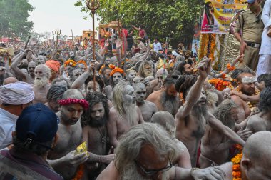 Haridwar, Uttarakhand, Hindistan - 13 Nisan 2021: Hindu çıplak sadhus, naga babas, naga sanyasis Ganj nehrinde shahi snaan yemek ve Har Har Mahadev diye bağırmak için koşuyor. Kumbhmela olayı.