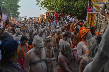 Haridwar, Uttarakhand, Hindistan - 13 Nisan 2021: Hindu çıplak sadhus, naga babas, naga sanyasis Ganj nehrinde shahi snaan yemek ve Har Har Mahadev diye bağırmak için koşuyor. Kumbhmela olayı.