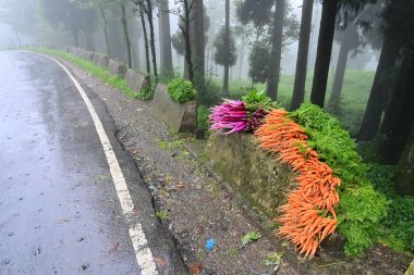 Katırlar, pancar ve havuçlar, sebzeler yol kenarındaki markette, Darjeeling, Batı Bengal, Hindistan 'da satılıyor..