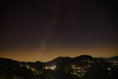 Galaksi ya da Samanyolu Rinchenpong, Sikkim, Hindistan 'da akşam gökyüzünde görüldüğü gibi. Himalaya dağ sıraları ön planda. Sikkim 'de yıldızlarla dolu bulutsuz gece gökyüzü turistlerin en sevdiği yerdir..