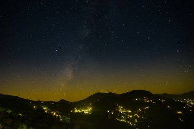 Galaksi ya da Samanyolu Rinchenpong, Sikkim, Hindistan 'da akşam gökyüzünde görüldüğü gibi. Himalaya dağ sıraları ön planda. Sikkim 'de yıldızlarla dolu bulutsuz gece gökyüzü turistlerin en sevdiği yerdir..