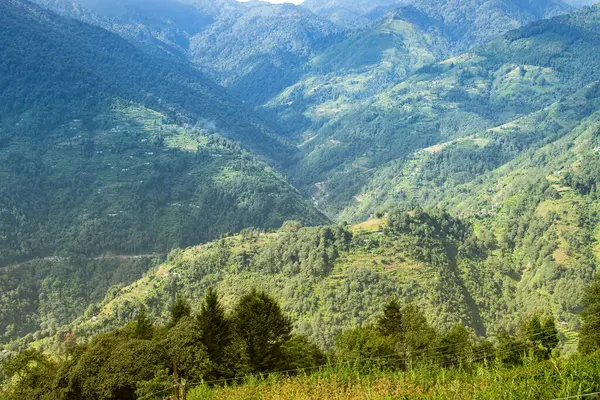 Himalaya dağlarına düşen güzel güneş ışınları, ışık oyunu Okhrey, Sikkim, Hindistan 'ın manzaralı güzelliği. Okhrey Köyü Sikkim 'de turistlerin dağ manzarası izlediği ücra bir yer..